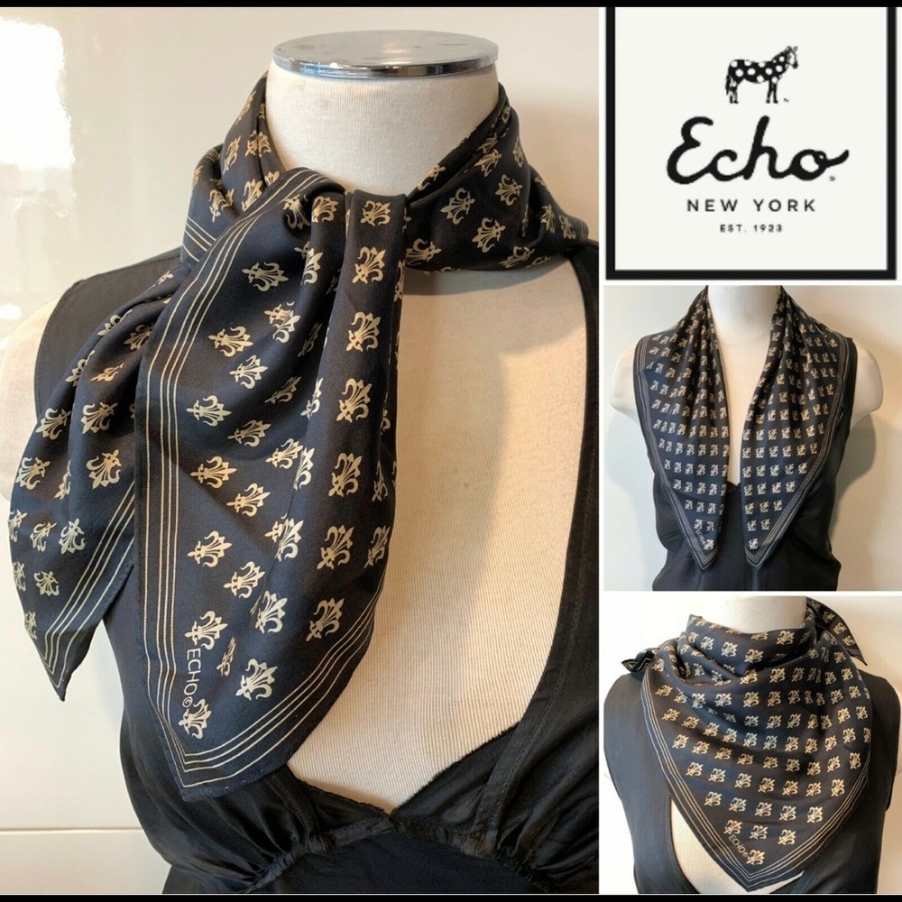 ECHO Vintage Silk Twill Black, Fleur de Lis SCARF 26" X 26" Handroll Hems